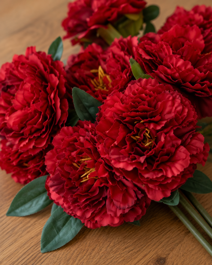Close-up detail of the deep red artificial peony bouquet on an oak table