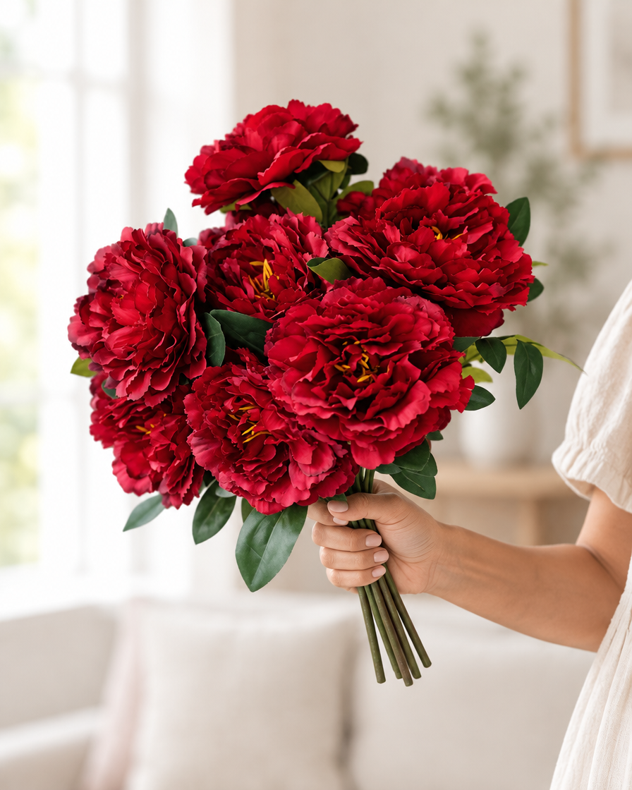 Deep Red Artificial Peony Bouquet held in a hand