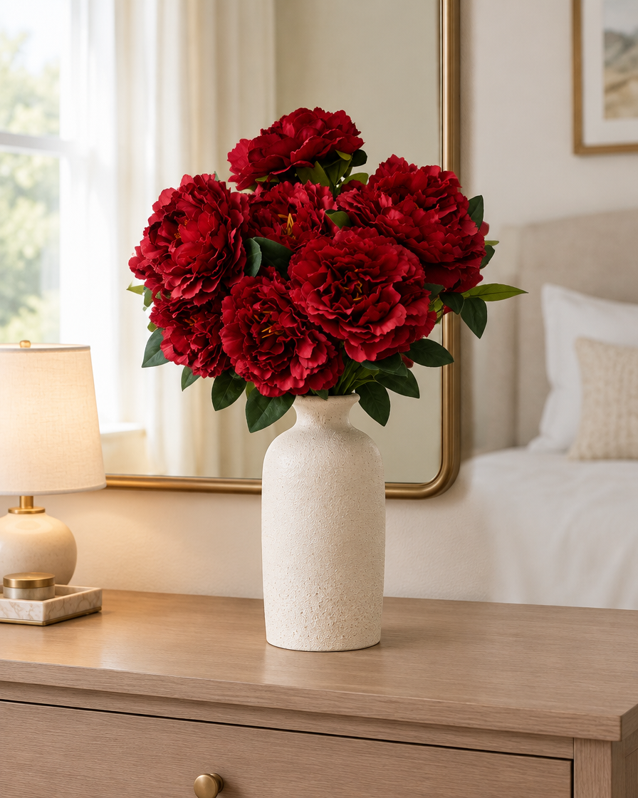 Deep Red Artificial Peony Bouquet styled in a ceramic vase on a dresser (vase sold separately)