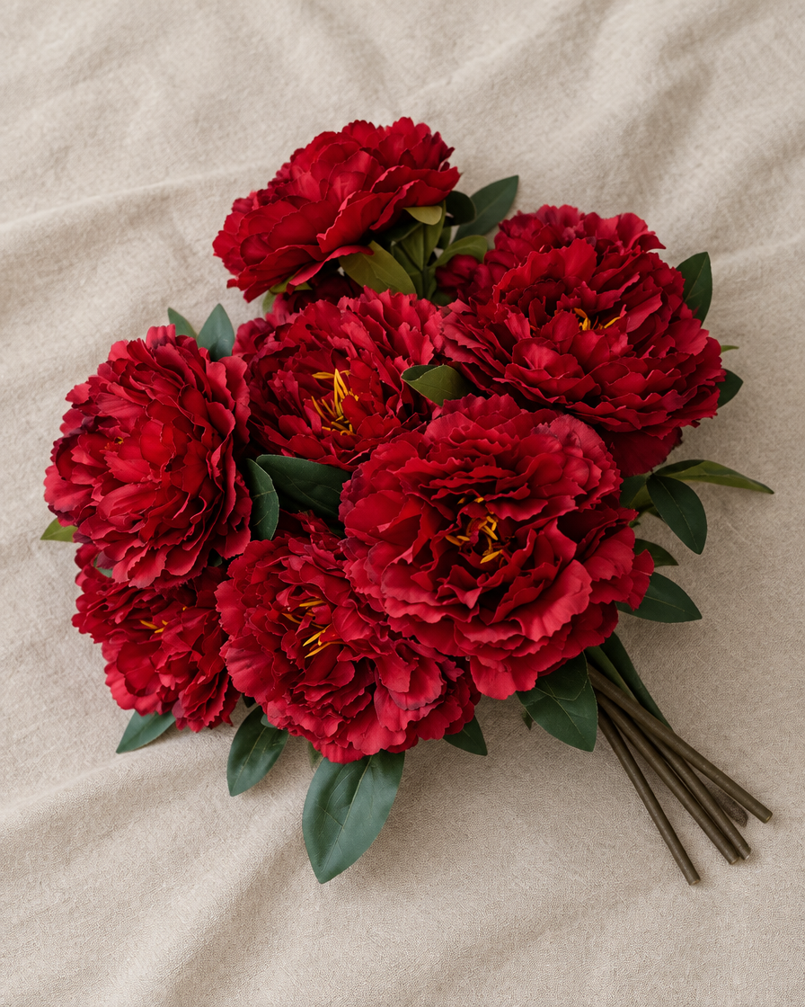 Deep Red Artificial Peony Bouquet, shown alone on a linen background