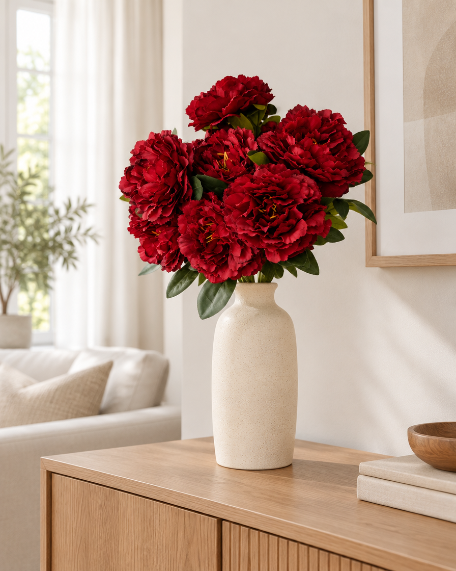 Deep Red Artificial Peony Bouquet styled in a ceramic vase on a console table (vase sold separately)
