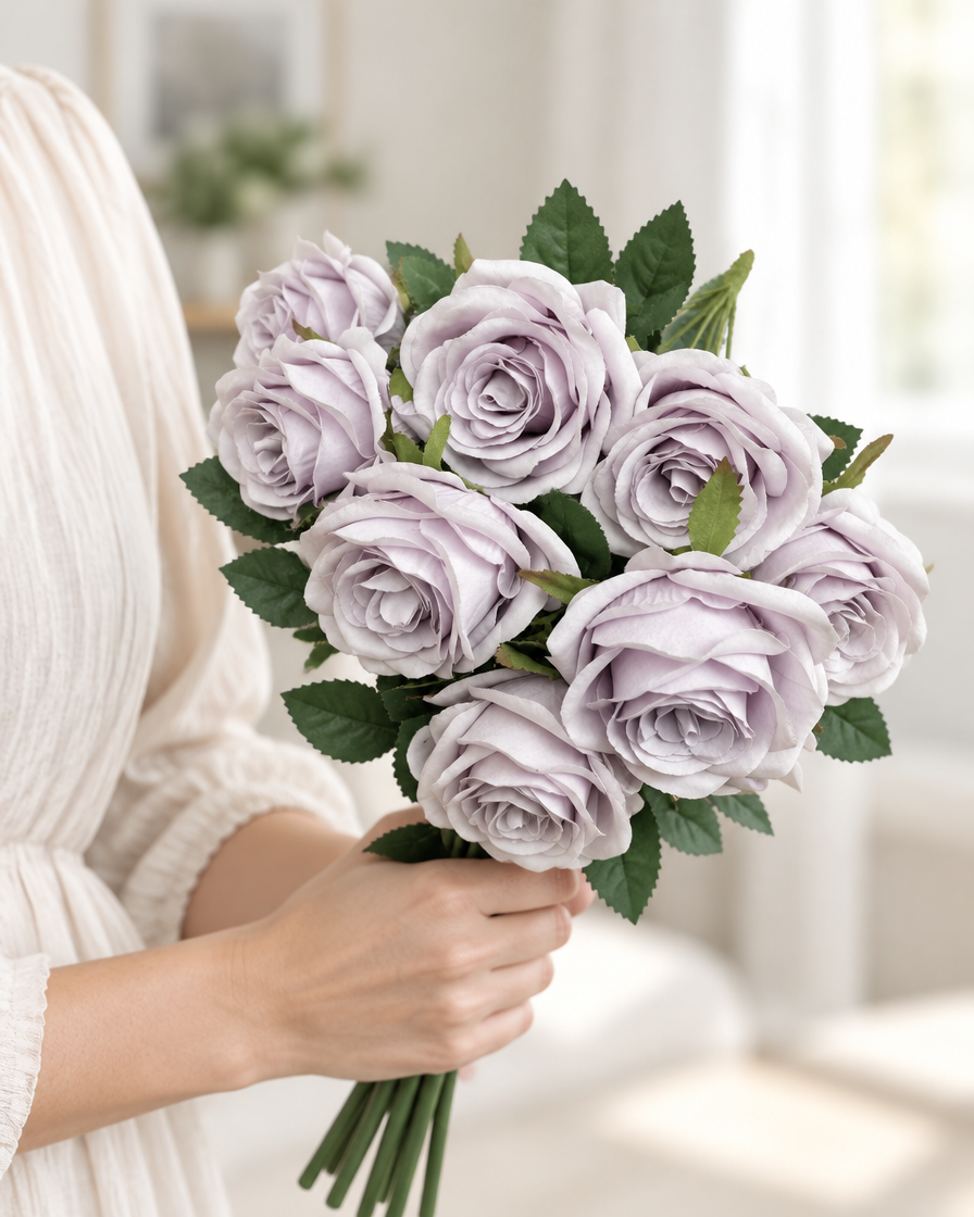 Lilac Artificial Rose Bouquet held in a hand