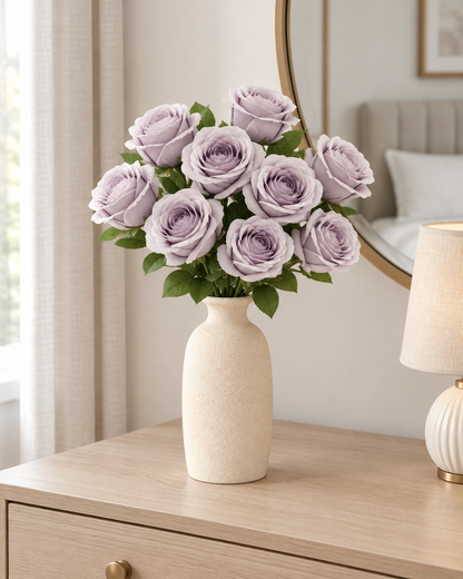 Lilac Artificial Rose Bouquet styled in a ceramic vase on a dresser (vase sold separately)