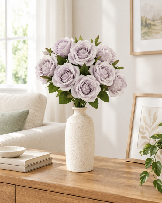 Lilac Artificial Rose Bouquet styled in a ceramic vase on a console table (vase sold separately)
