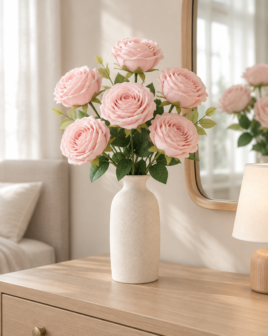 Pale Pink Artificial Rose Bouquet styled in a ceramic vase on a dresser (vase sold separately)