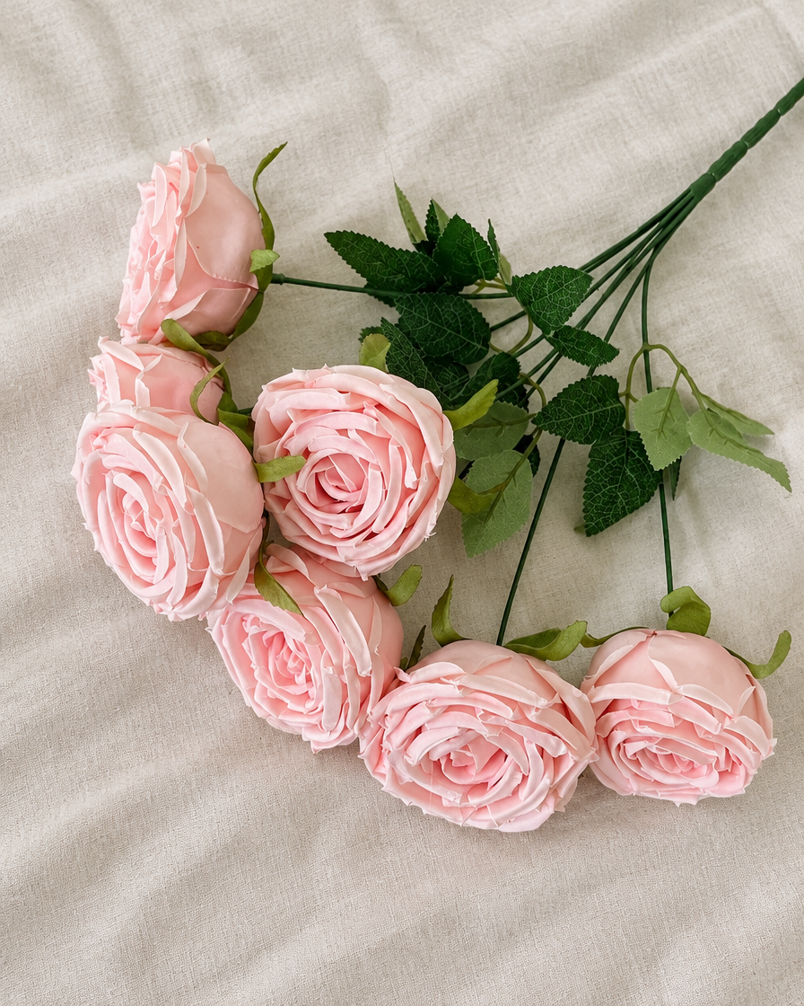 Pale Pink Artificial Rose Bouquet, shown alone on a linen background