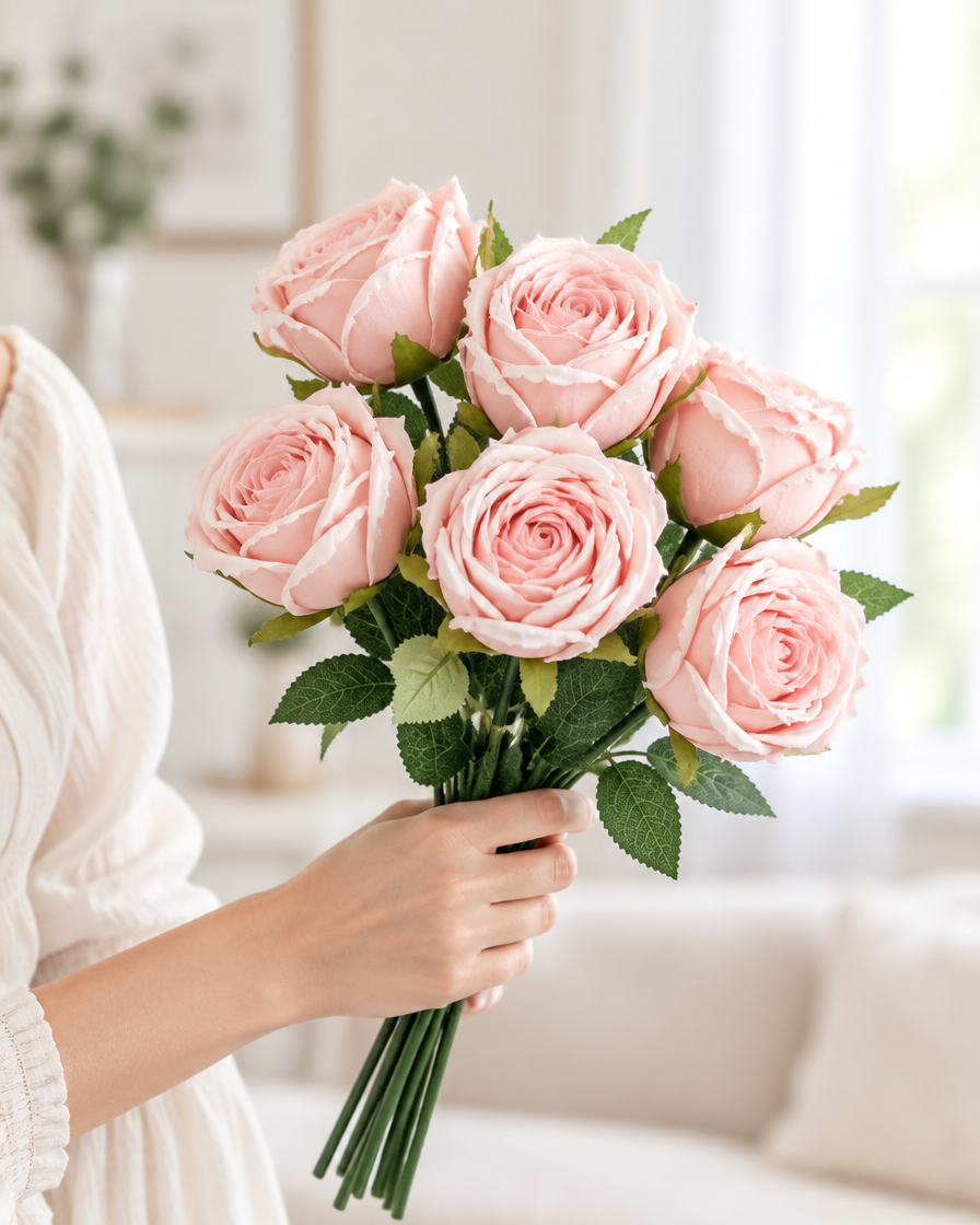 Pale Pink Artificial Rose Bouquet held in a hand
