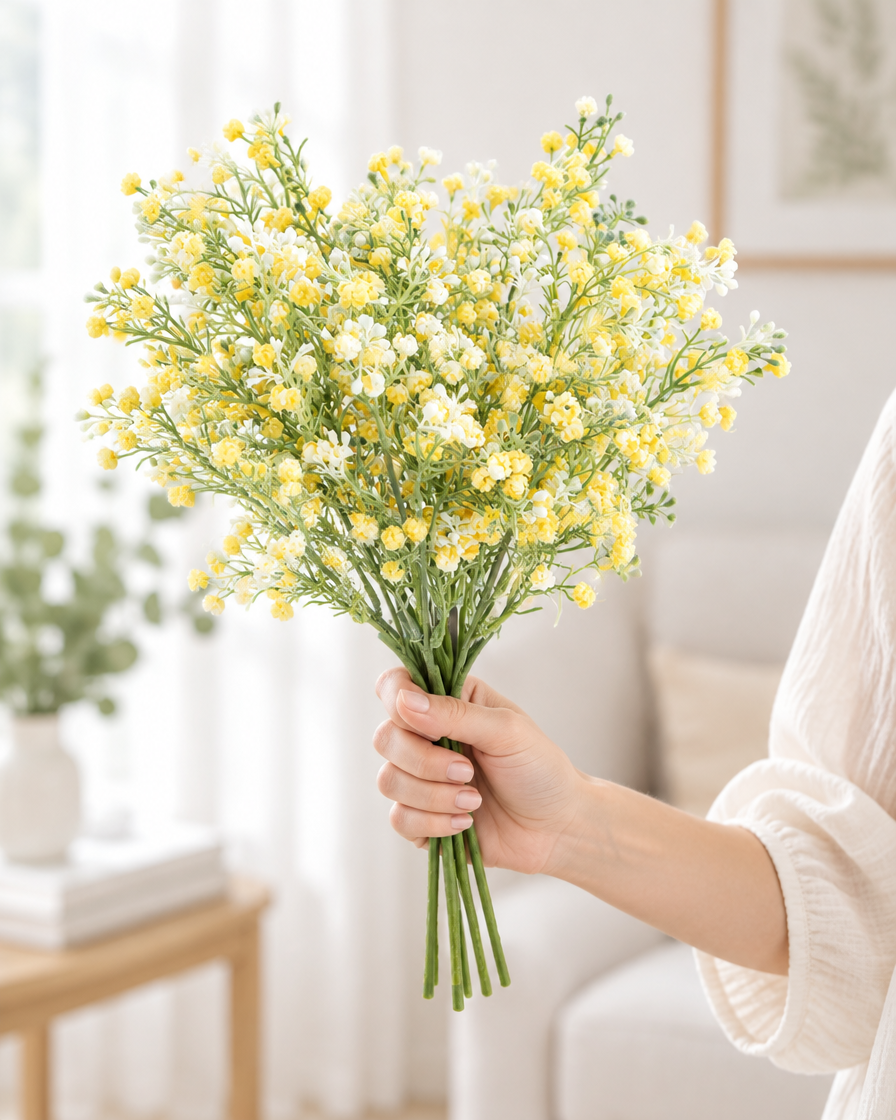 Yellow Artificial Baby's Breath Bunch held in a hand