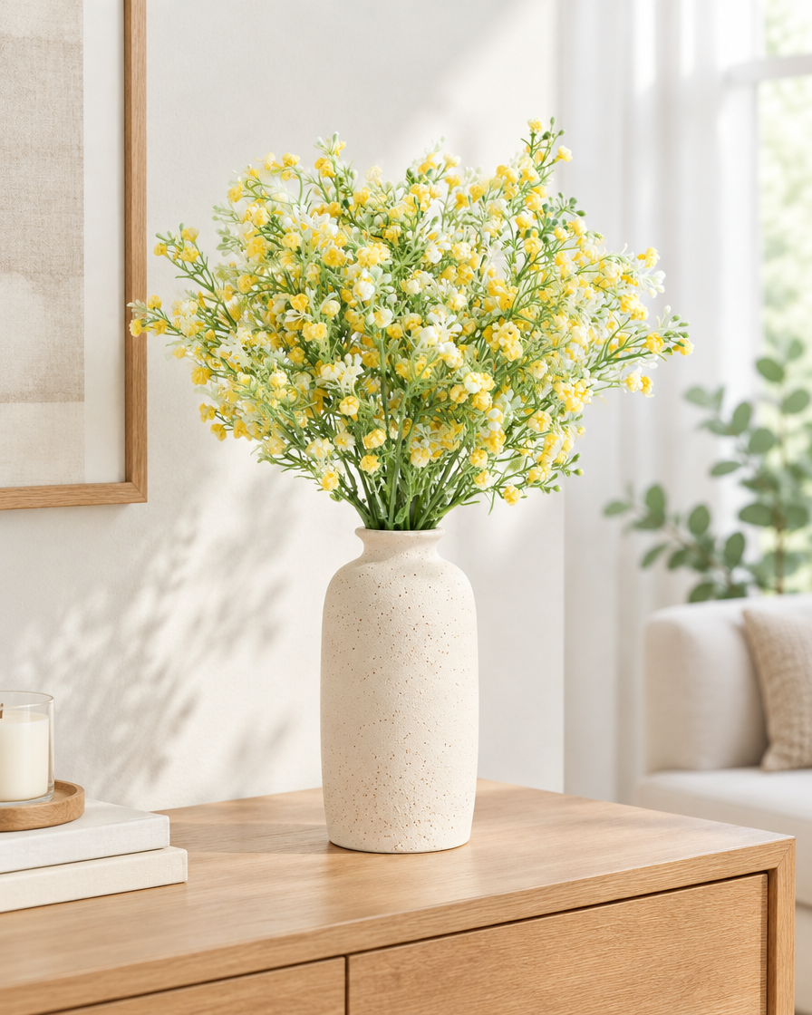 Yellow Artificial Baby's Breath Bunch styled in a ceramic vase on a console table (vase sold separately)