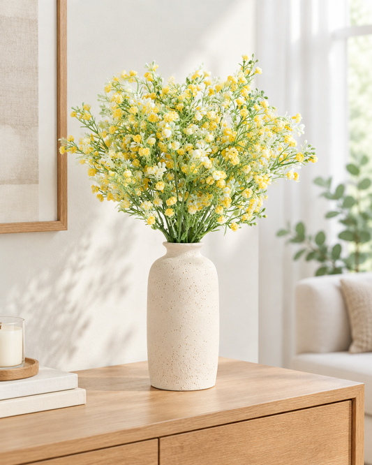 Yellow Artificial Baby's Breath Bunch styled in a ceramic vase on a console table (vase sold separately)