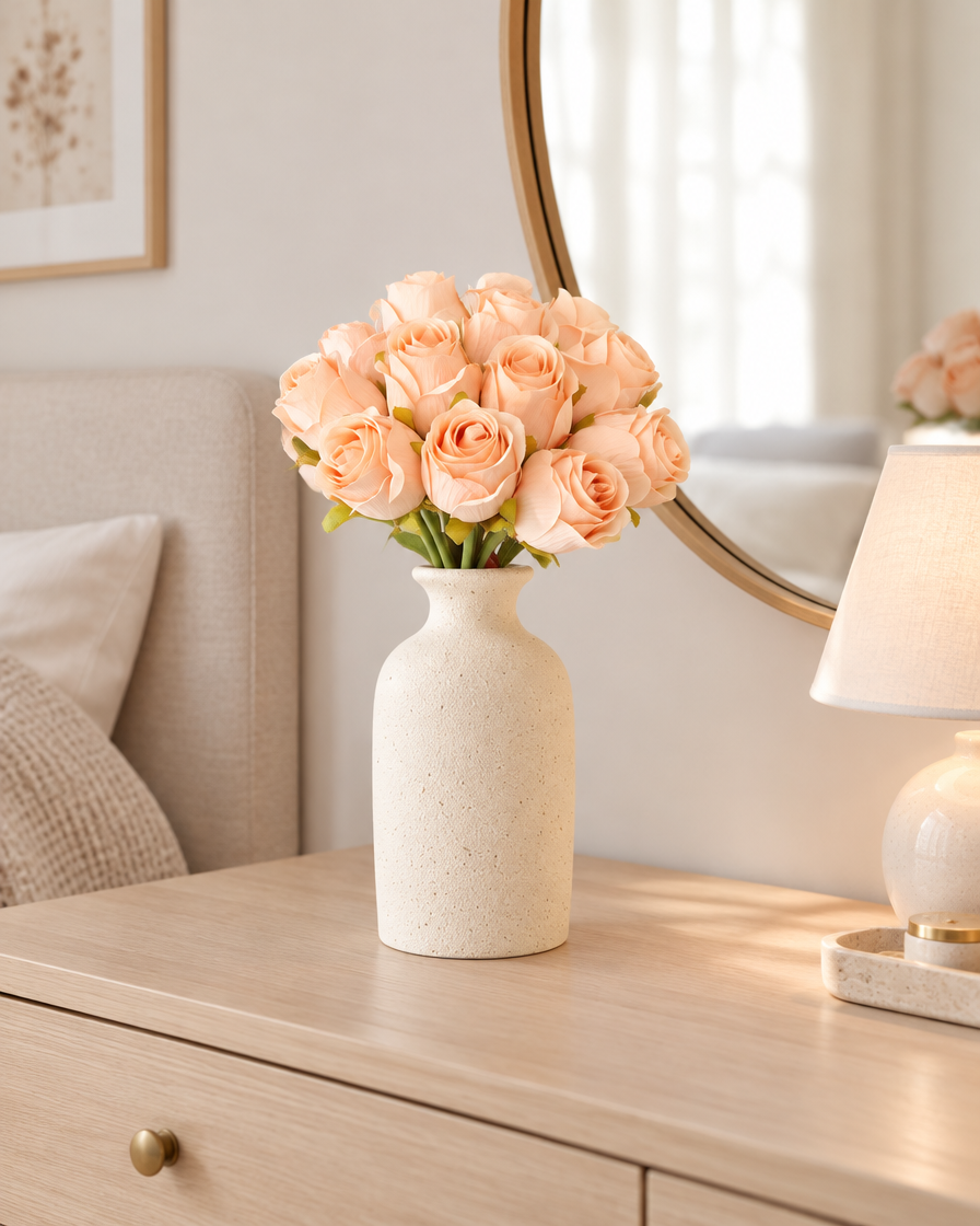 Peach Artificial Rosebud Bouquet styled in a ceramic vase on a dresser (vase sold separately)