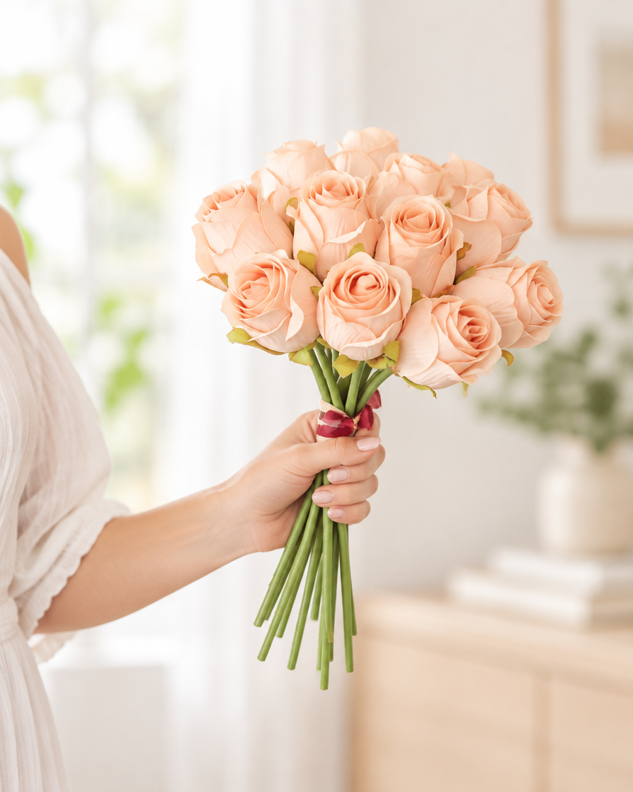 Peach Artificial Rosebud Bouquet held in a hand