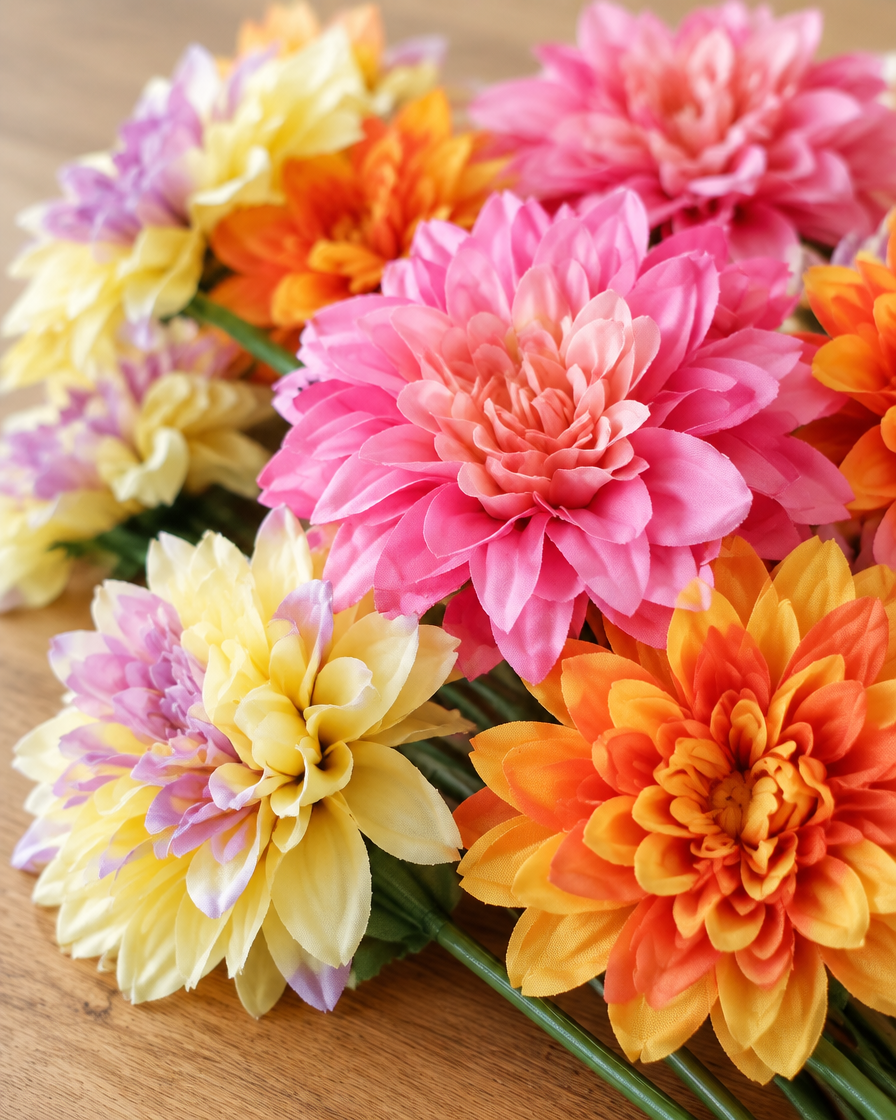 Close-up detail of the pink orange & yellow artificial dahlia bouquet on an oak table