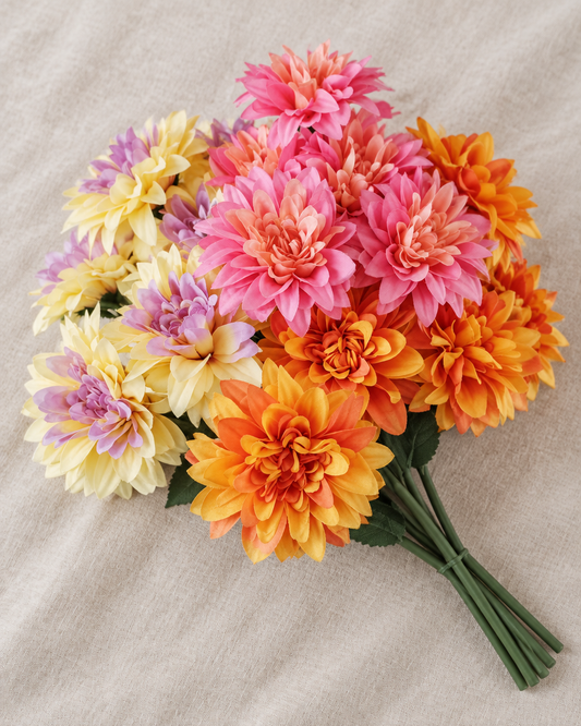 Pink Orange & Yellow Artificial Dahlia Bouquet, shown alone on a linen background