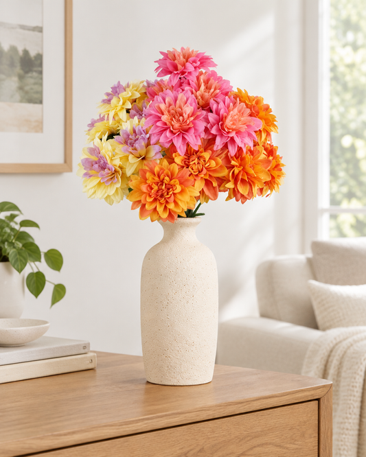 Pink Orange & Yellow Artificial Dahlia Bouquet styled in a ceramic vase on a console table (vase sold separately)