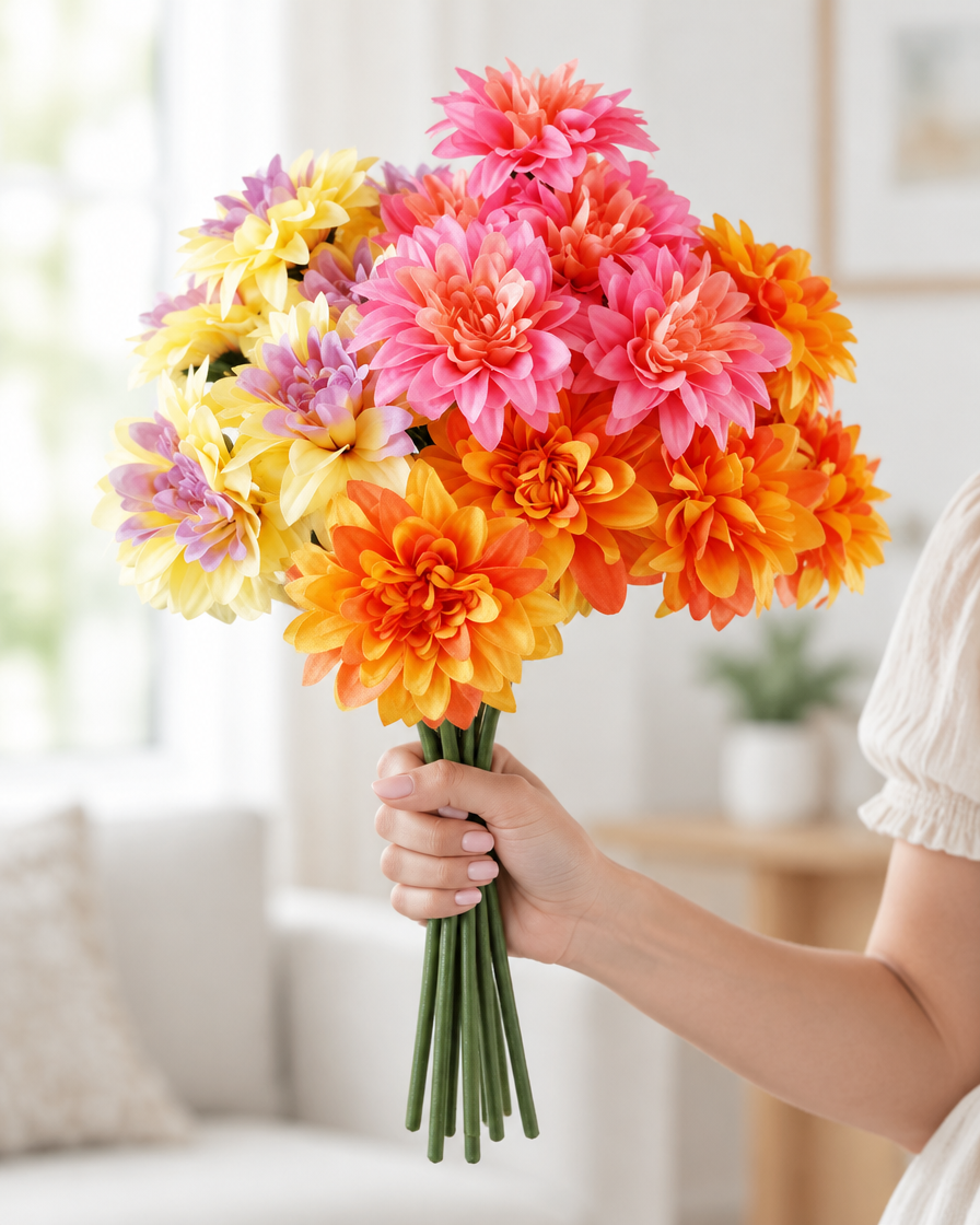 Pink Orange & Yellow Artificial Dahlia Bouquet held in a hand