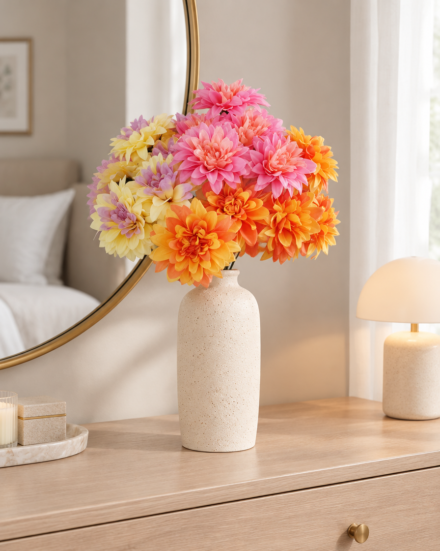 Pink Orange & Yellow Artificial Dahlia Bouquet styled in a ceramic vase on a dresser (vase sold separately)
