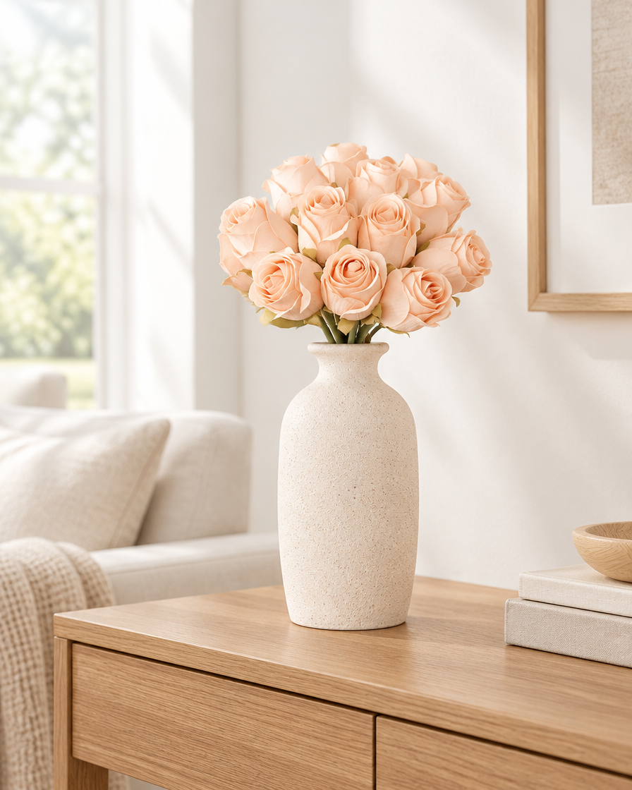 Peach Artificial Rosebud Bouquet styled in a ceramic vase on a console table (vase sold separately)