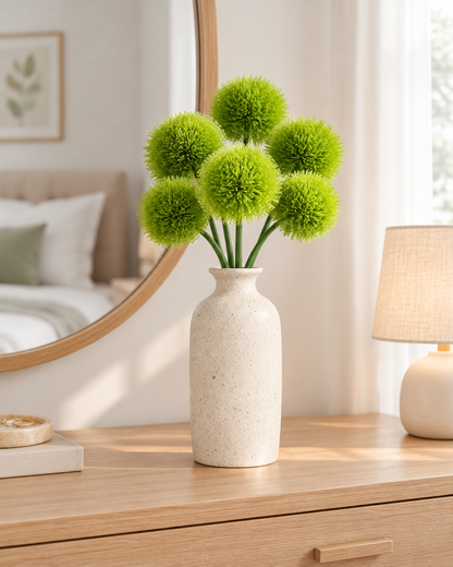Green Artificial Dandelion Ball Stems styled in a ceramic vase on a dresser (vase sold separately)