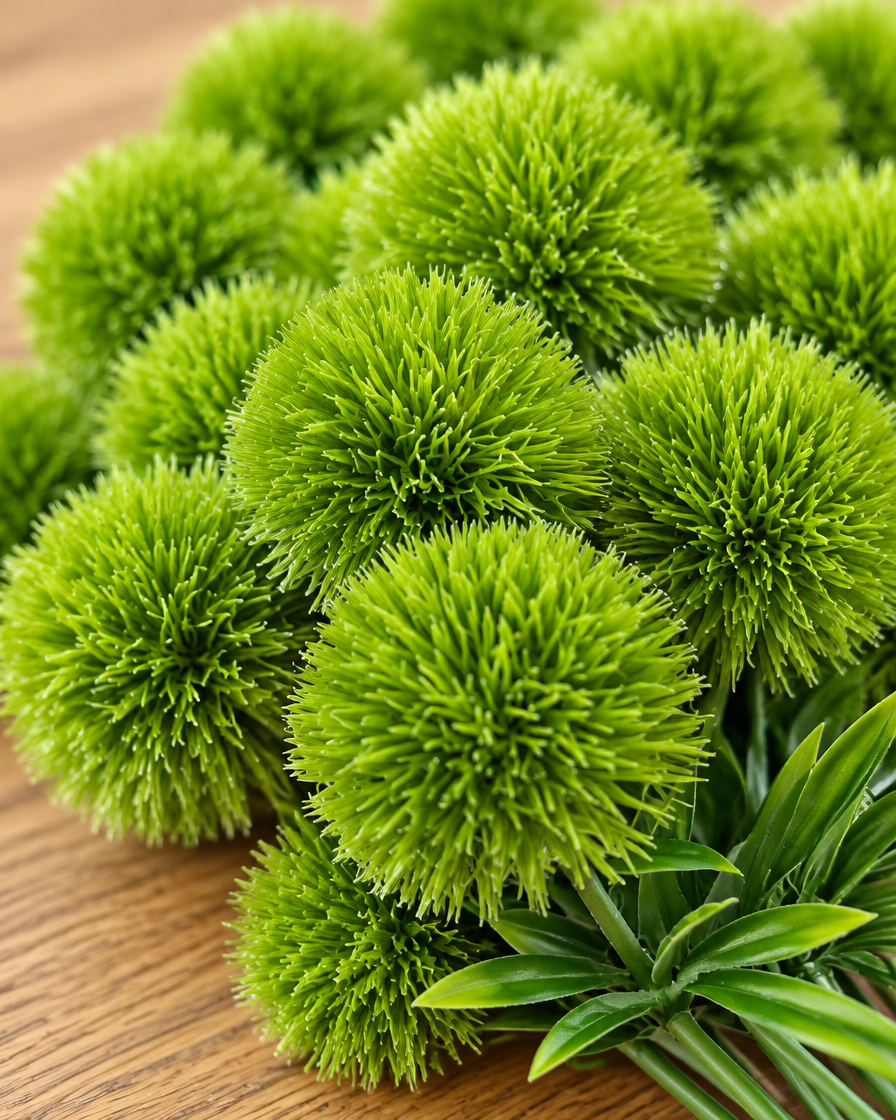 Close-up detail of the green artificial dandelion ball stems on an oak table