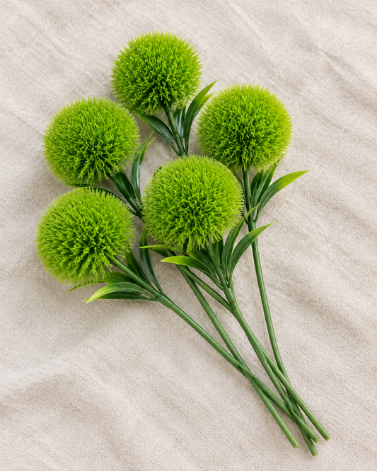 Green Artificial Dandelion Ball Stems, shown alone on a linen background