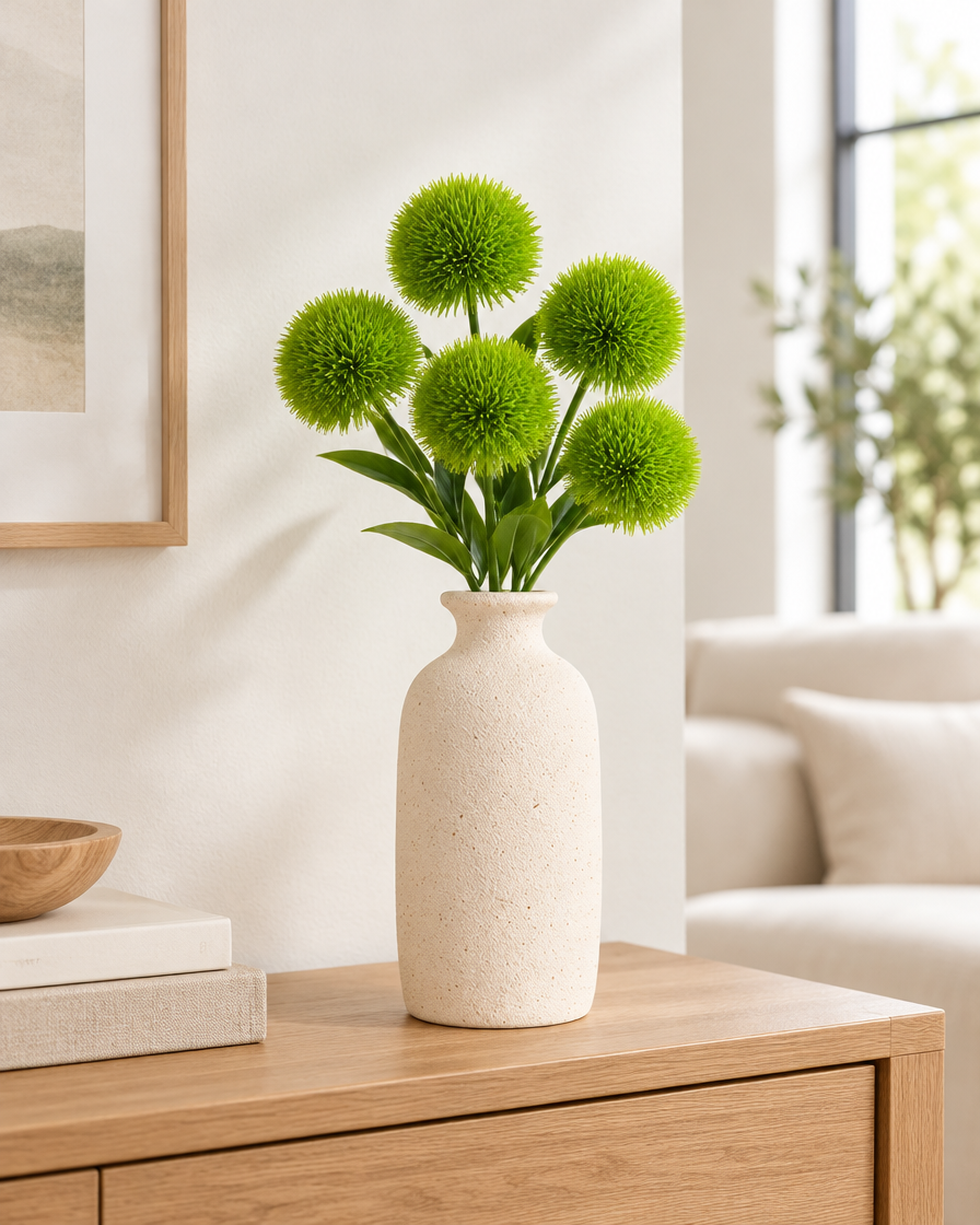 Green Artificial Dandelion Ball Stems styled in a ceramic vase on a console table (vase sold separately)