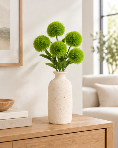 Green Artificial Dandelion Ball Stems styled in a ceramic vase on a console table (vase sold separately)