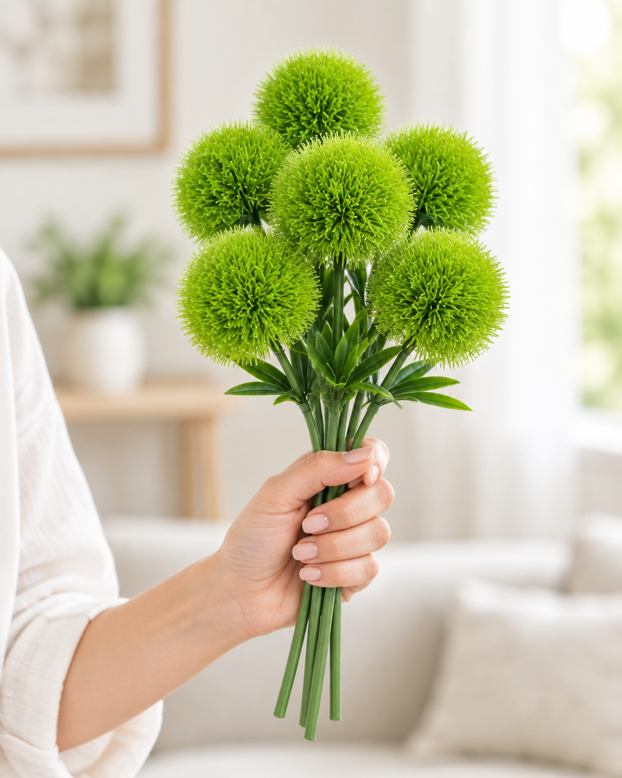 Green Artificial Dandelion Ball Stems held in a hand
