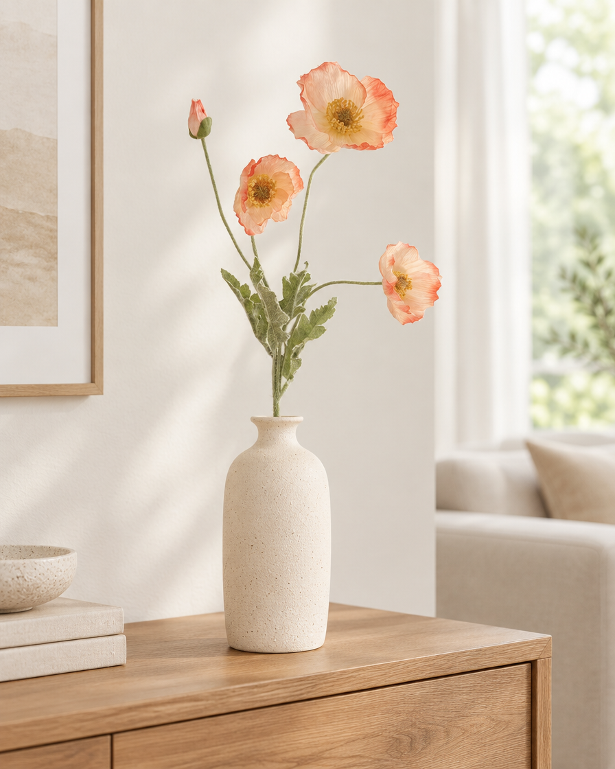 Peach Artificial Poppy Stem styled in a ceramic vase on a console table (vase sold separately)