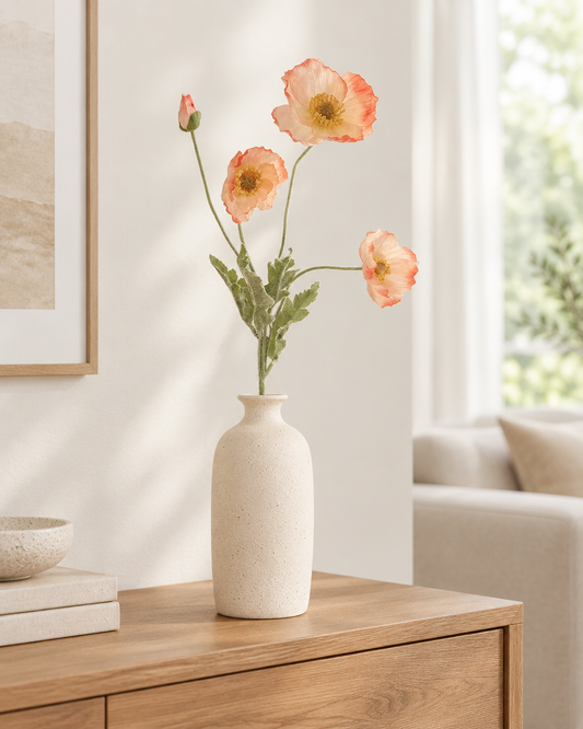Peach Artificial Poppy Stem styled in a ceramic vase on a console table (vase sold separately)