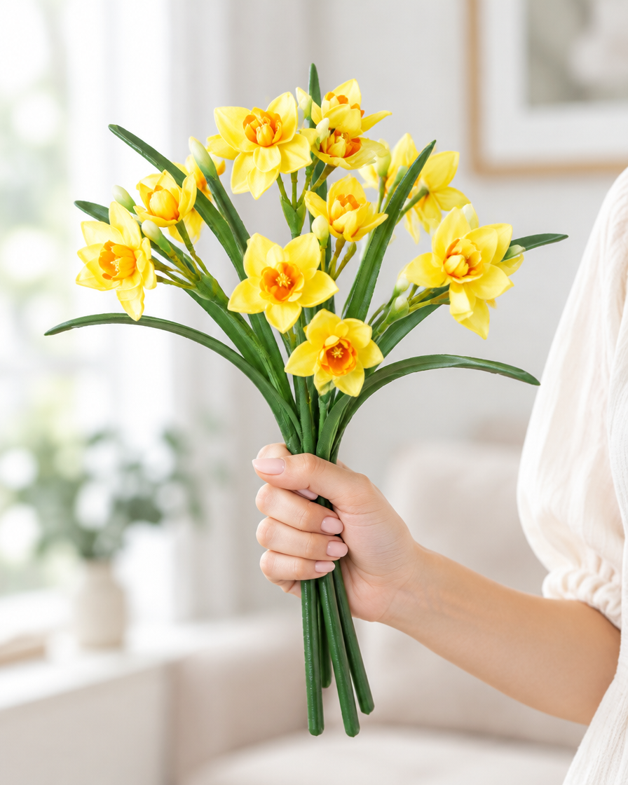 Yellow Artificial Narcissus Stems held in a hand