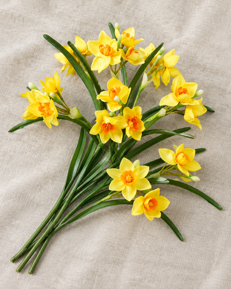 Yellow Artificial Narcissus Stems, shown alone on a linen background