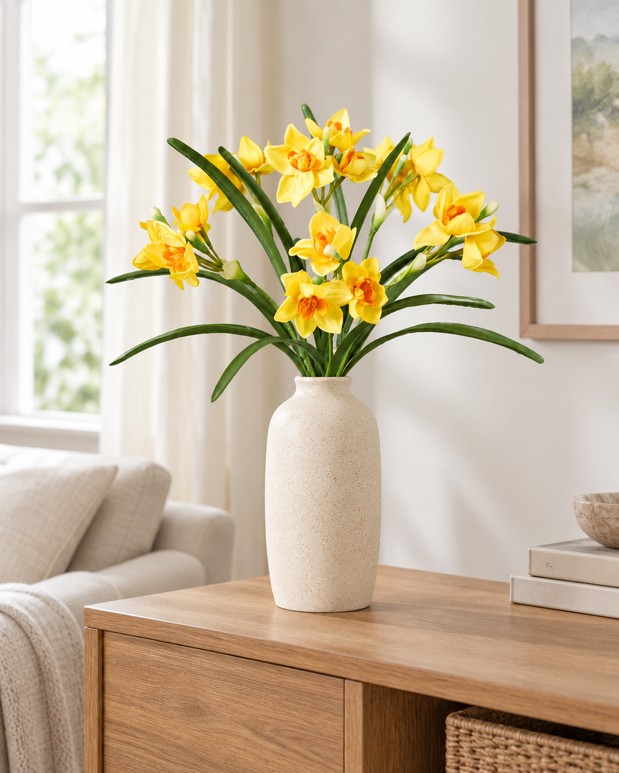 Yellow Artificial Narcissus Stems styled in a ceramic vase on a console table (vase sold separately)