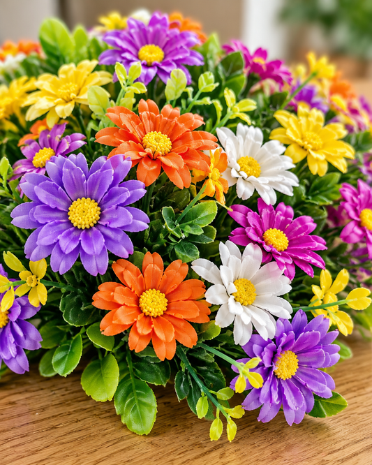 Close-up detail of the multicolour artificial daisy bunch on an oak table