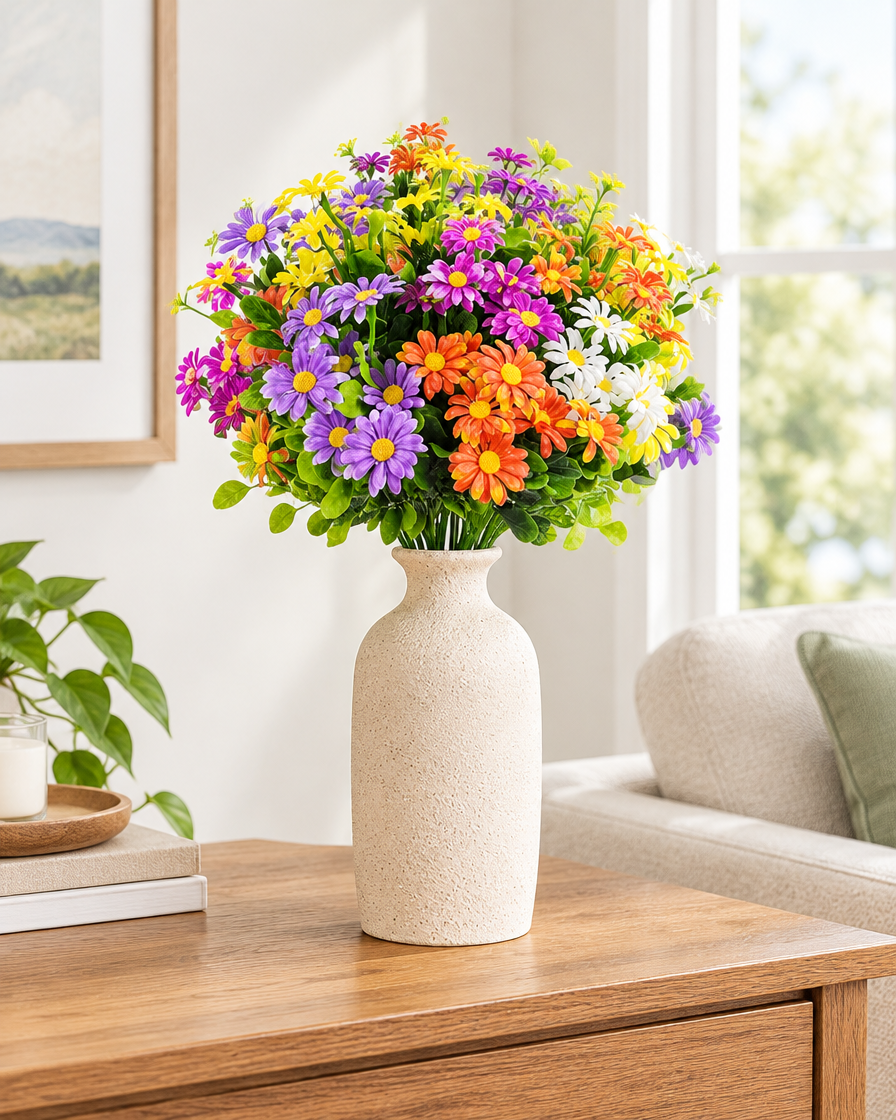 Multicolour Artificial Daisy Bunch styled in a ceramic vase on a console table (vase sold separately)
