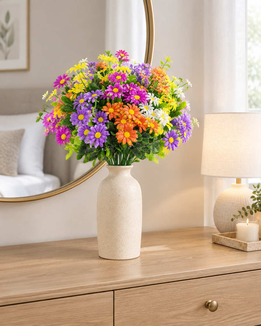 Multicolour Artificial Daisy Bunch styled in a ceramic vase on a dresser (vase sold separately)