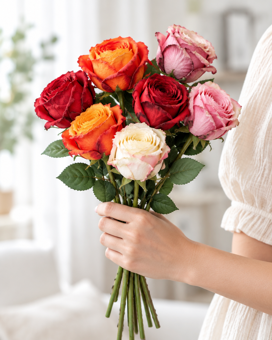 Multicolour Artificial Burnt-Edge Rose Stems held in a hand