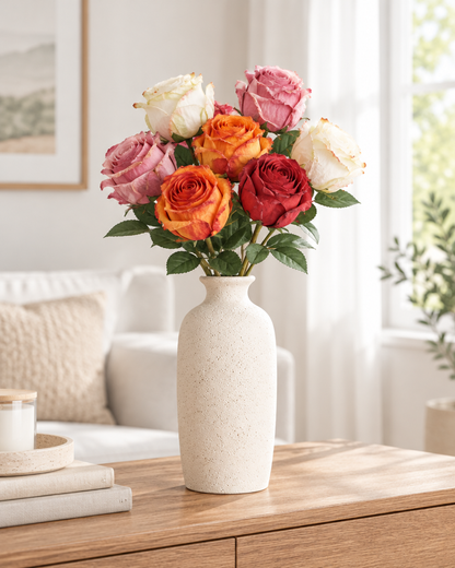 Multicolour Artificial Burnt-Edge Rose Stems styled in a ceramic vase on a console table (vase sold separately)