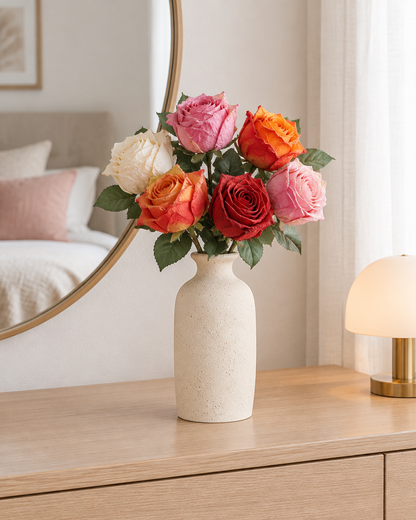 Multicolour Artificial Burnt-Edge Rose Stems styled in a ceramic vase on a dresser (vase sold separately)