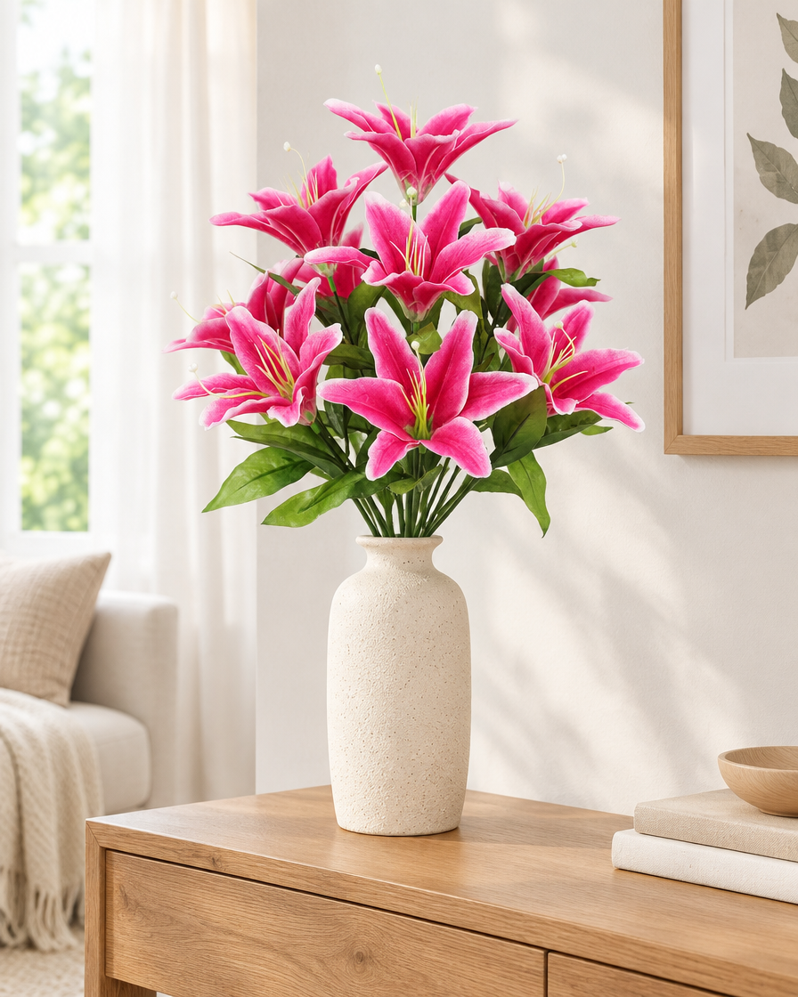 Pink Artificial Lily Bouquet styled in a ceramic vase on a console table (vase sold separately)