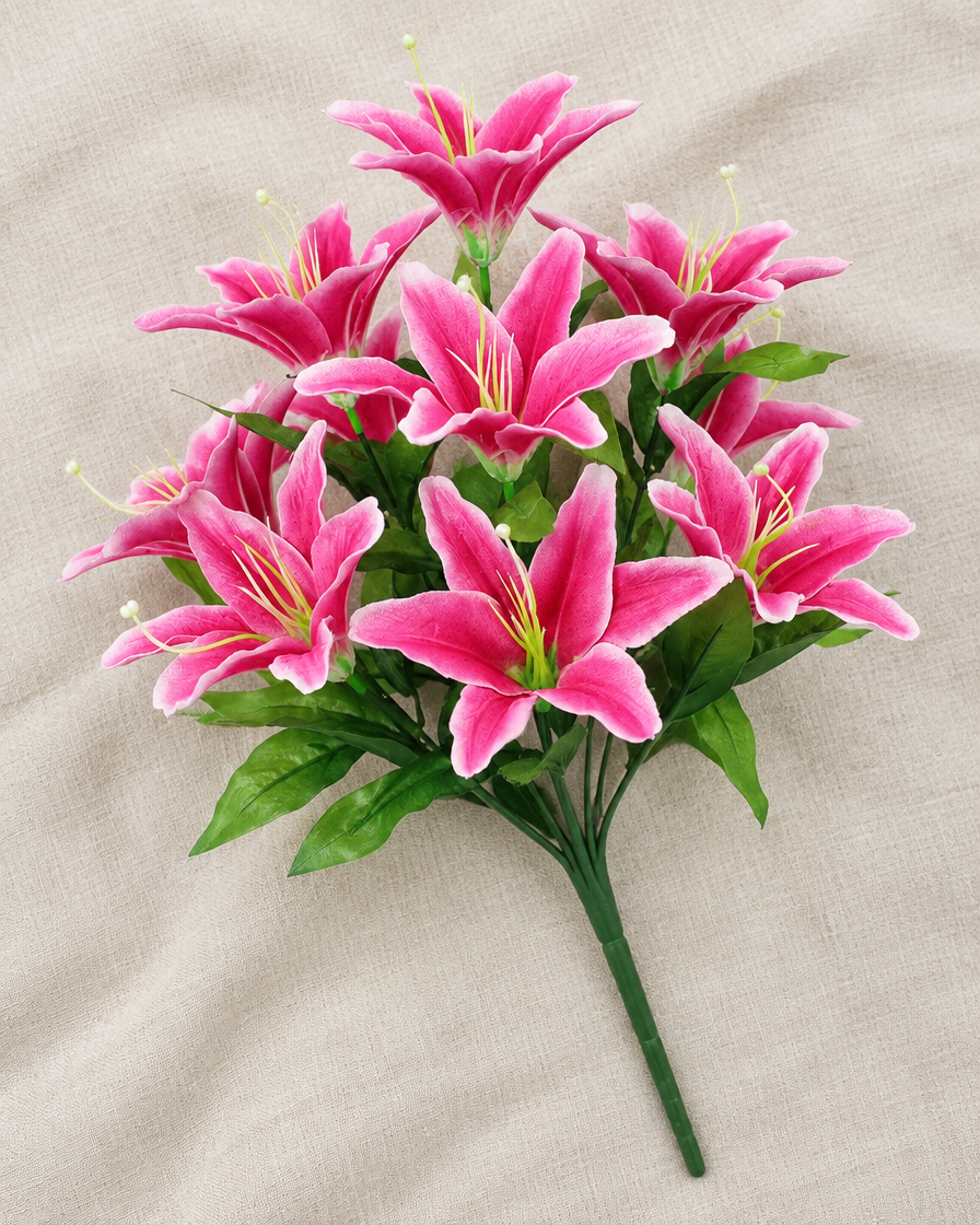 Pink Artificial Lily Bouquet, shown alone on a linen background