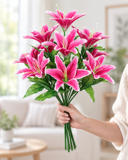 Pink Artificial Lily Bouquet held in a hand