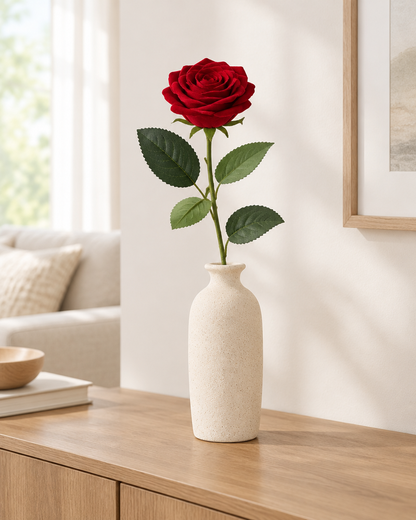 Red Artificial Rose styled in a ceramic vase on a console table (vase sold separately)