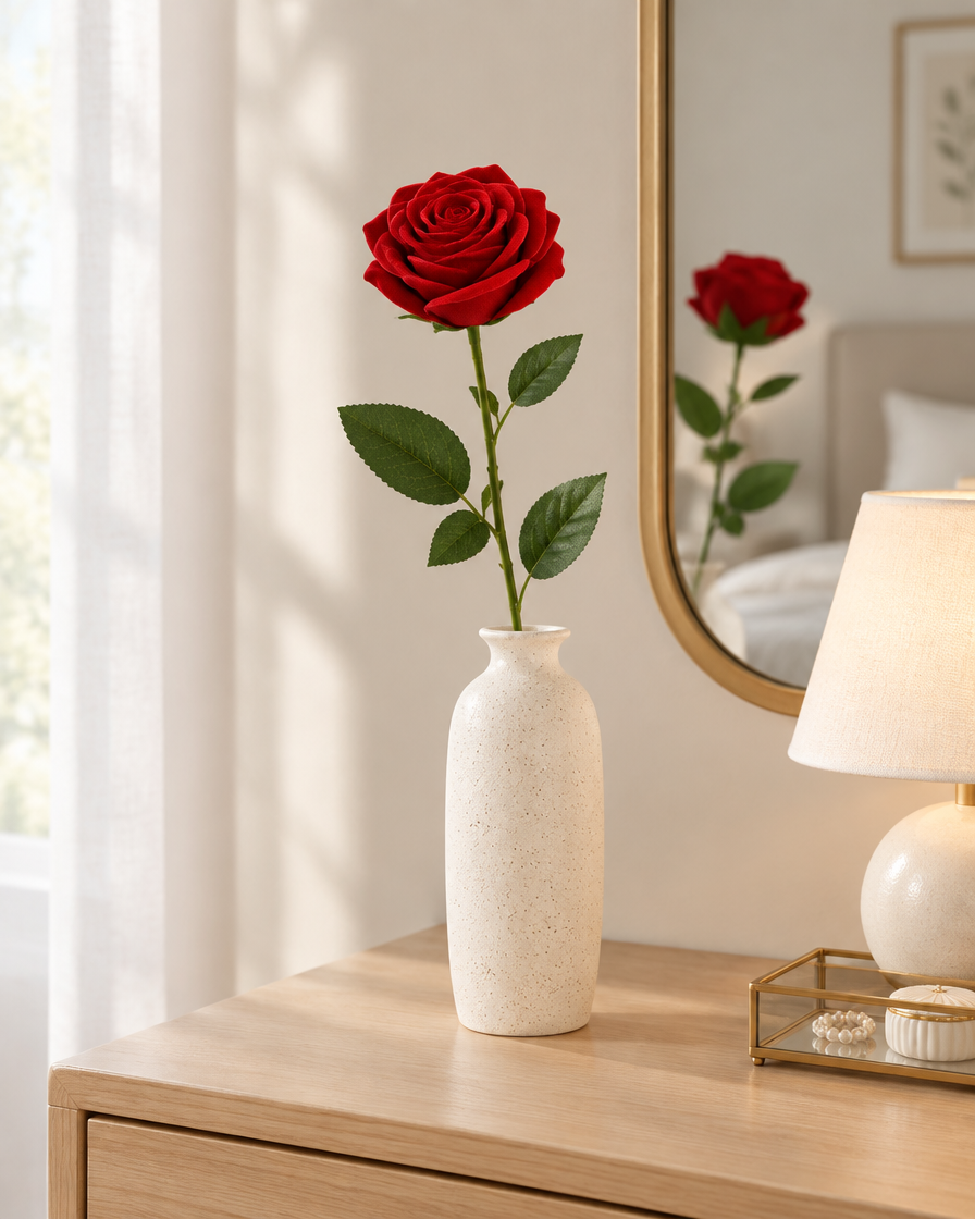 Red Artificial Rose styled in a ceramic vase on a dresser (vase sold separately)