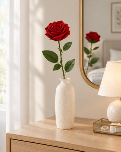 Red Artificial Rose styled in a ceramic vase on a dresser (vase sold separately)