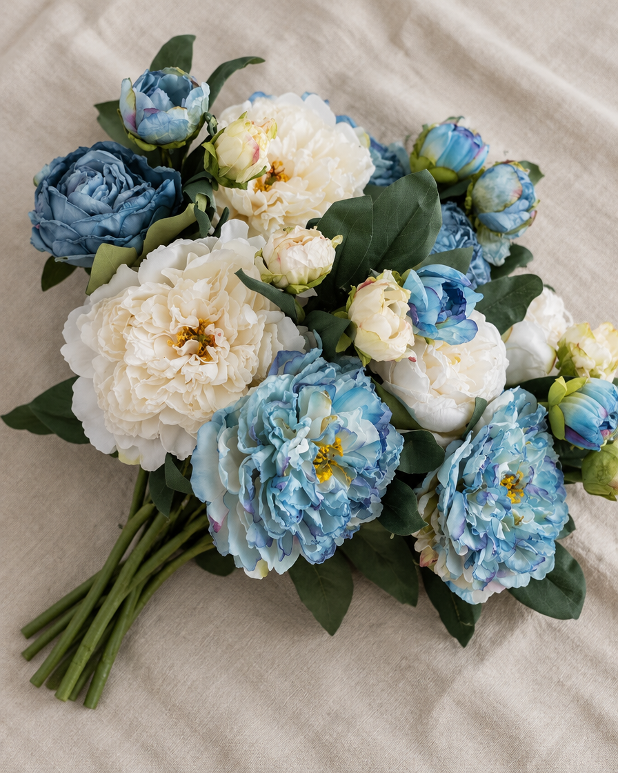 Blue & Cream Artificial Peony Bouquet, shown alone on a linen background