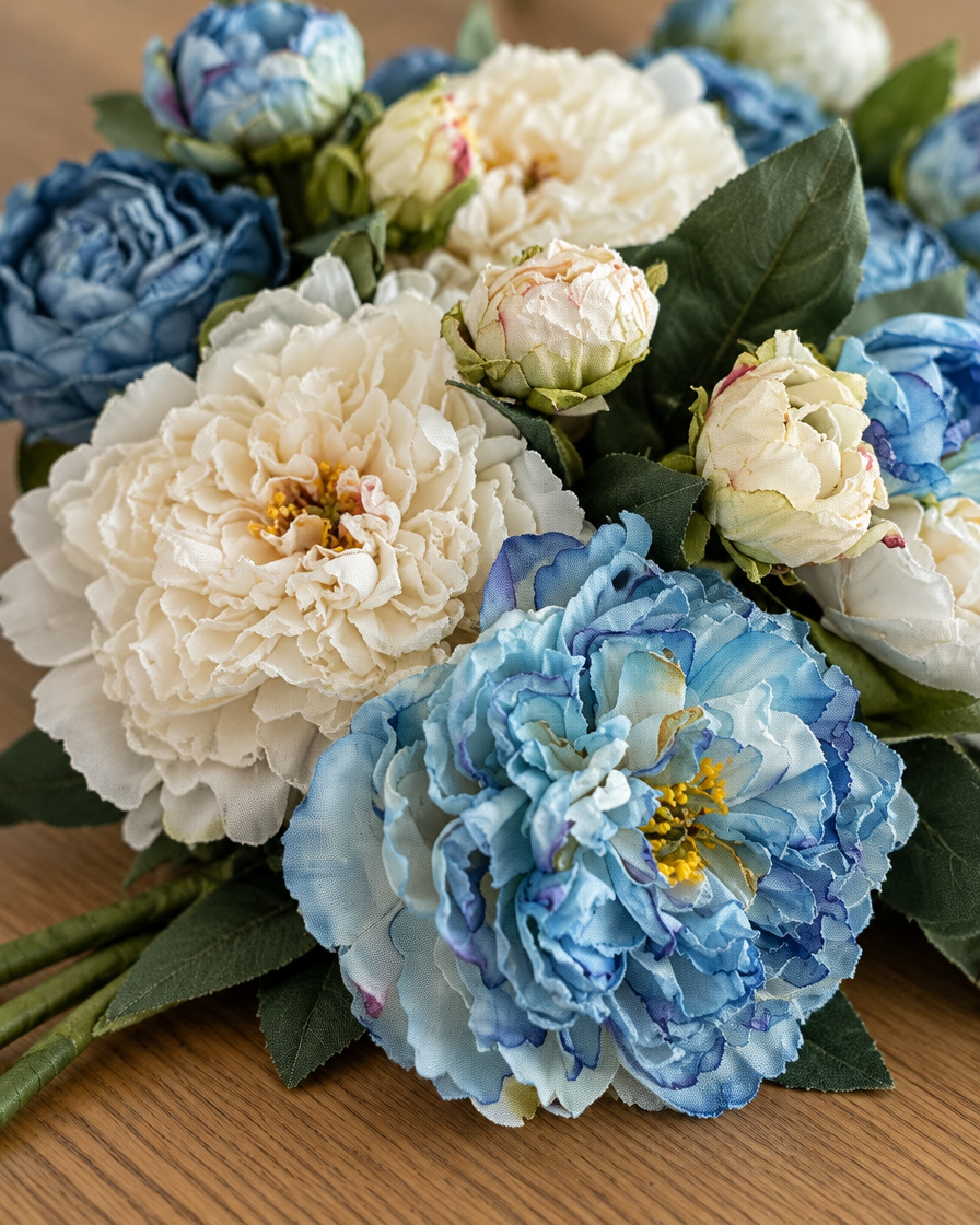 Close-up detail of the blue & cream artificial peony bouquet on an oak table