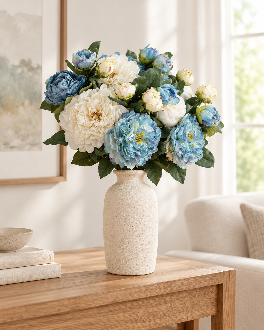 Blue & Cream Artificial Peony Bouquet styled in a ceramic vase on a console table (vase sold separately)