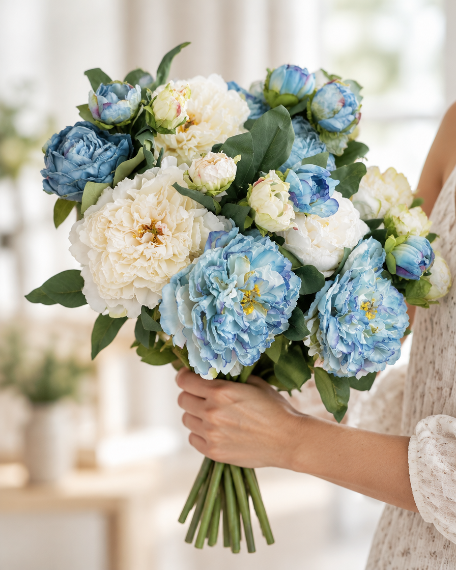 Blue & Cream Artificial Peony Bouquet held in a hand
