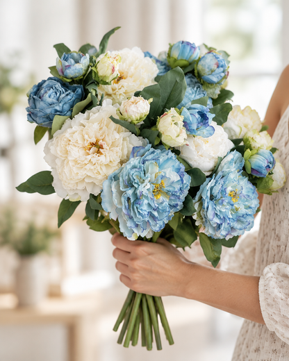 Blue & Cream Artificial Peony Bouquet held in a hand